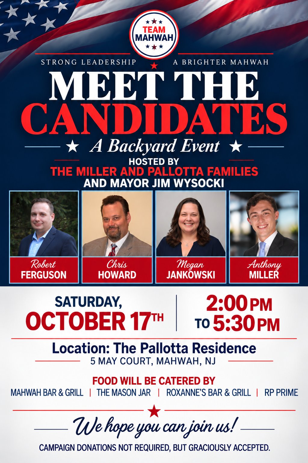 Meet the Candidates: A Backyard Event flyer. Saturday, October 17, 2:00 to 5:30 PM at the Pallotta Residence, 5 May Court, Mahwah.