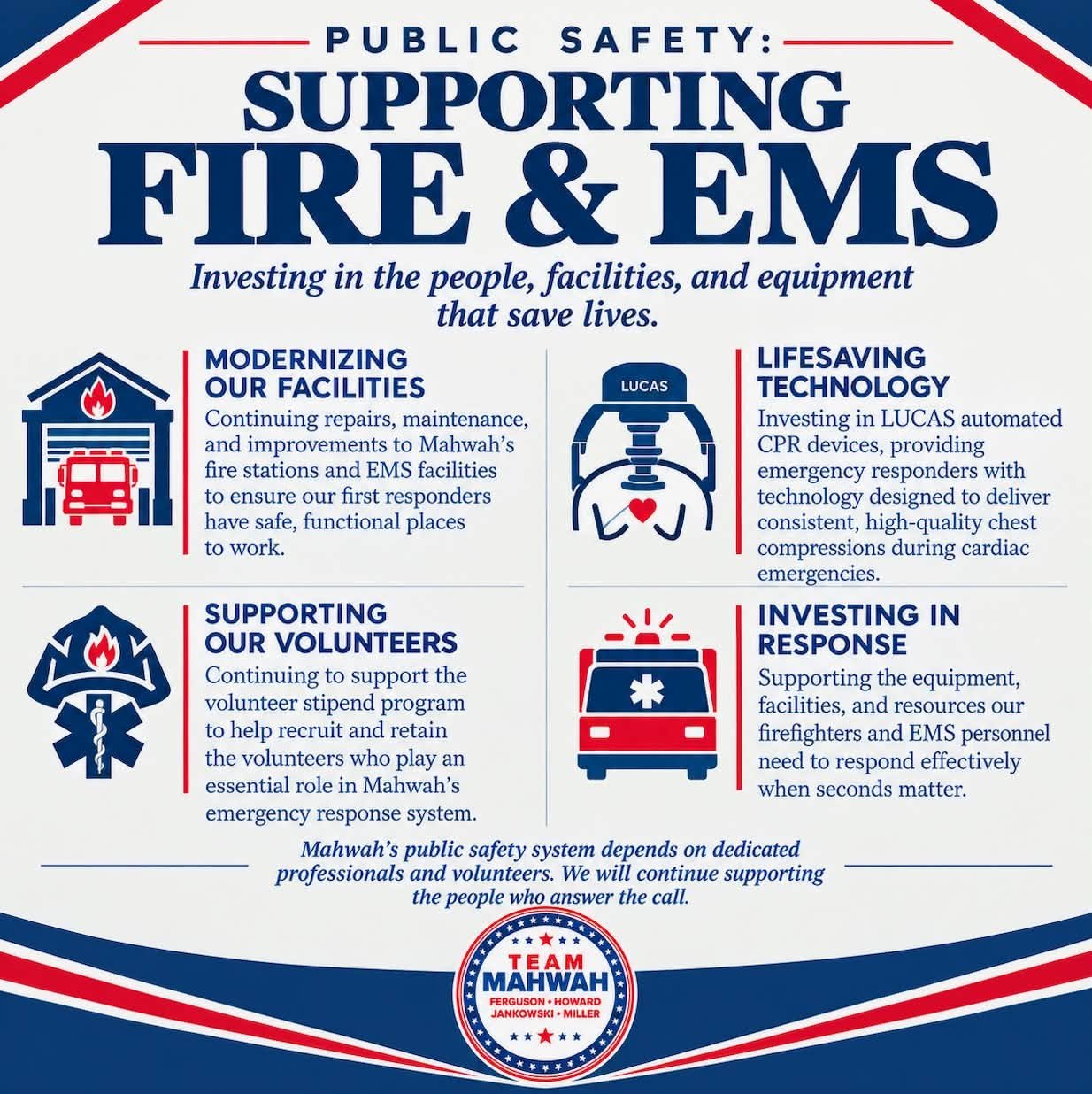 Public Safety: Supporting Fire & EMS. Modernizing facilities, lifesaving technology, supporting volunteers, investing in response.