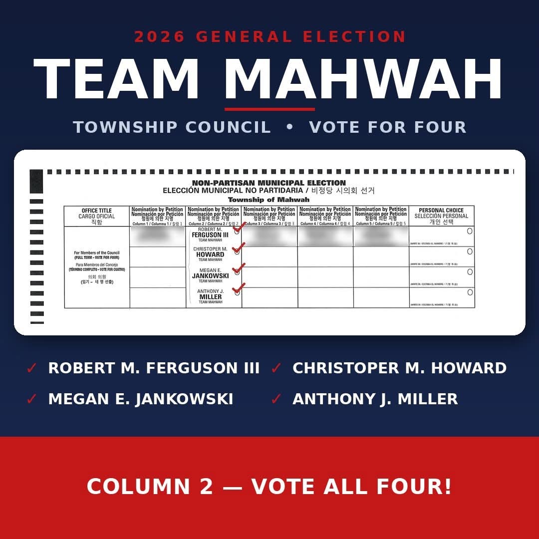 Sample ballot showing Team Mahwah candidates Ferguson, Howard, Jankowski and Miller in Column 2, vote for four